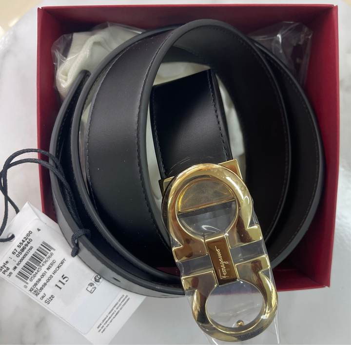 Ferragamo Belt  115cm NERO CALF HICKORY CALF (Gold buckle light black + brown)