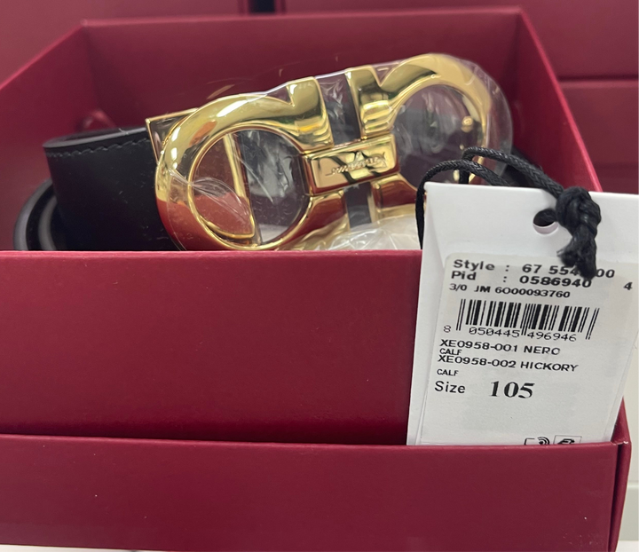 Ferragamo Belt 105cm NERO CALF HICKORY CALF (Gold buckle light black + brown)